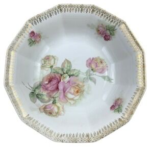 Vintage Porcelain Serving Bowl Floral Roses Gold Trim Octagonal Dish Schwarzburg